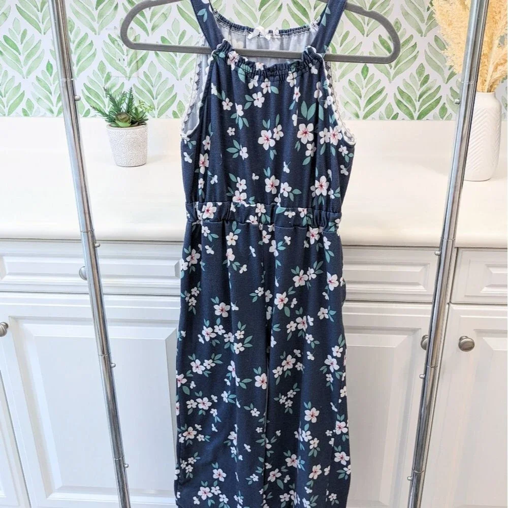 Girls Navy Blue Floral Jumpsuit pull on size 14 Spring School Fall